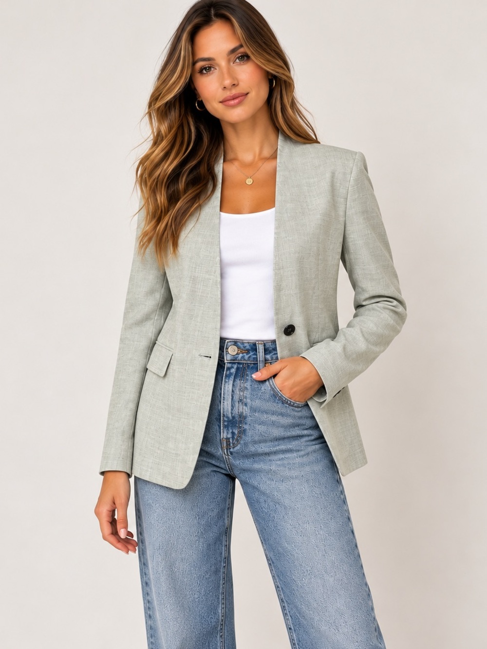 Zara Light Sage Open-Front Single-Button Blazer